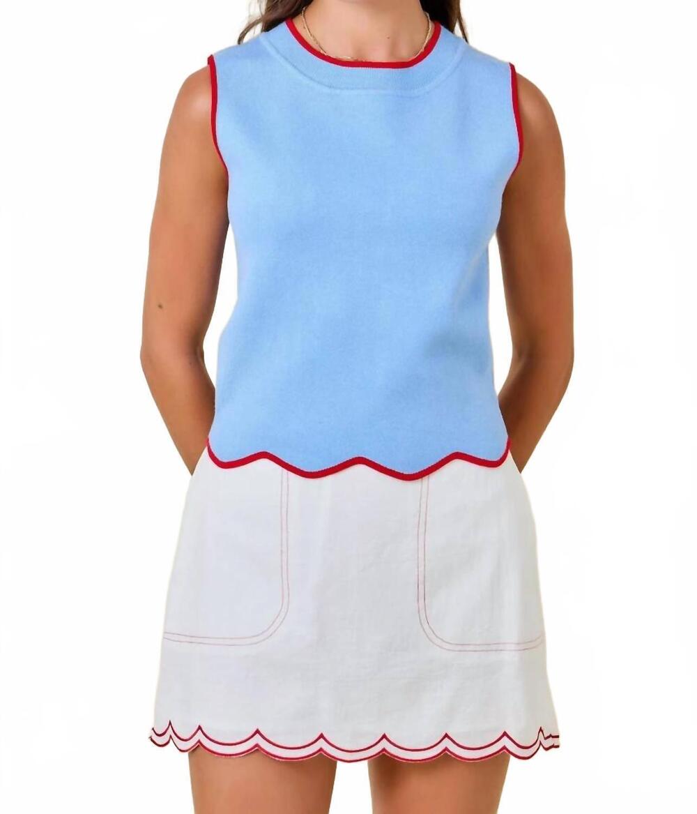 NEW DAY + MOON lake day scallop sweater tank in blue/red